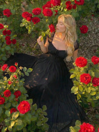 Black Vintage-Inspired Midi Dress With Sheer Mesh Cap Sleeves And Cinched Waist For Summer Beach Or Tea Party Events