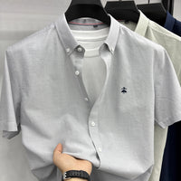 Summer Short Sleeve Shirt Men's Slim Fit Half Sleeve Non-ironing Oxford Spinning Gray-Blue Plaid Business Casual Shirt