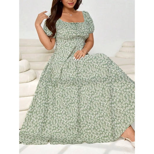【New style】Plus Size Women's Daisy Print Square Neck Puff Sleeve Tie Front Fashion Dress, Spring/Summer, Carnival Women Look 20