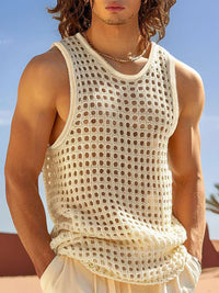 Men s Breathable Sleeveless Tank Tops Fashionable Hollow Out Crew Neck Casual Solid Cool Stylish T-Shirt for Summer