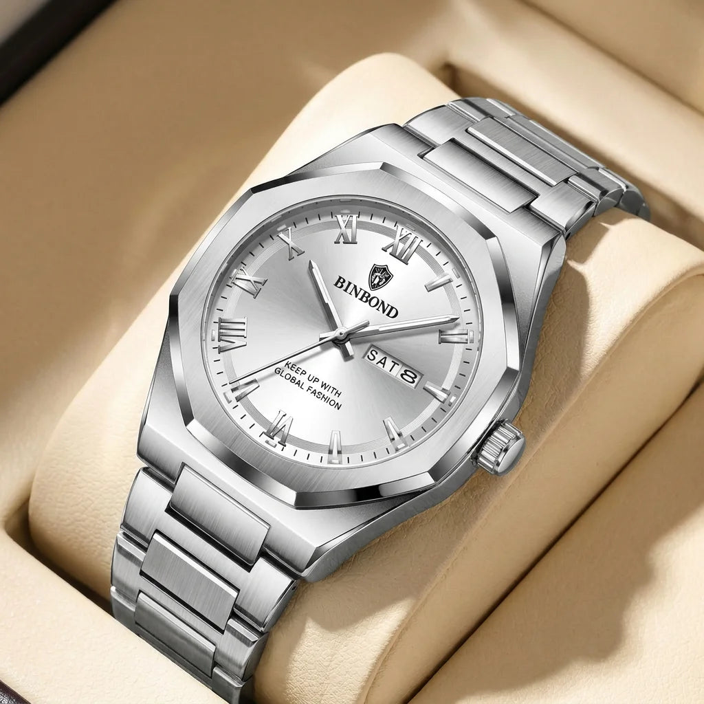 1 piece Men's Silver Metal Strap Watch Octagonal Case Date Week Display Casual Business Fashion Wristwatch For Daily Wea