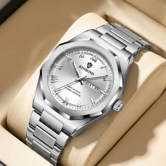 1 piece Men's Silver Metal Strap Watch Octagonal Case Date Week Display Casual Business Fashion Wristwatch For Daily Wea
