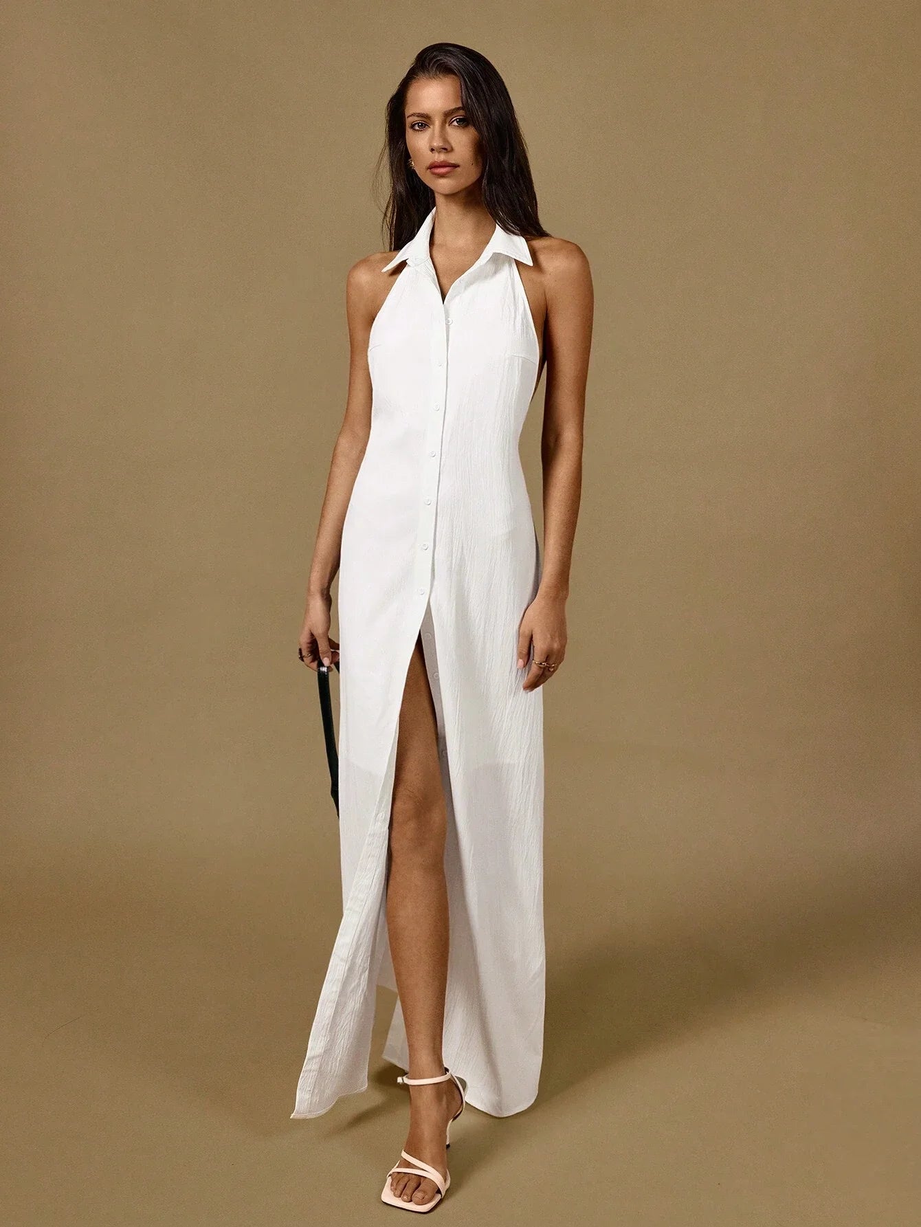 White Halter Neck Sleeveless Front Button Maxi Shirtdress Backless Casual Dress