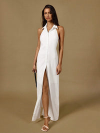 White Halter Neck Sleeveless Front Button Maxi Shirtdress Backless Casual Dress