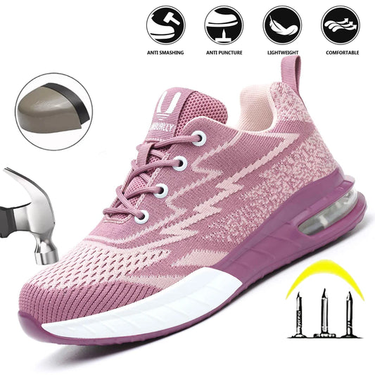 Women's Safety Shoes with Air Cushion Sole Work Shoes Comfortable Breathable Lightweight Safety Footwear
