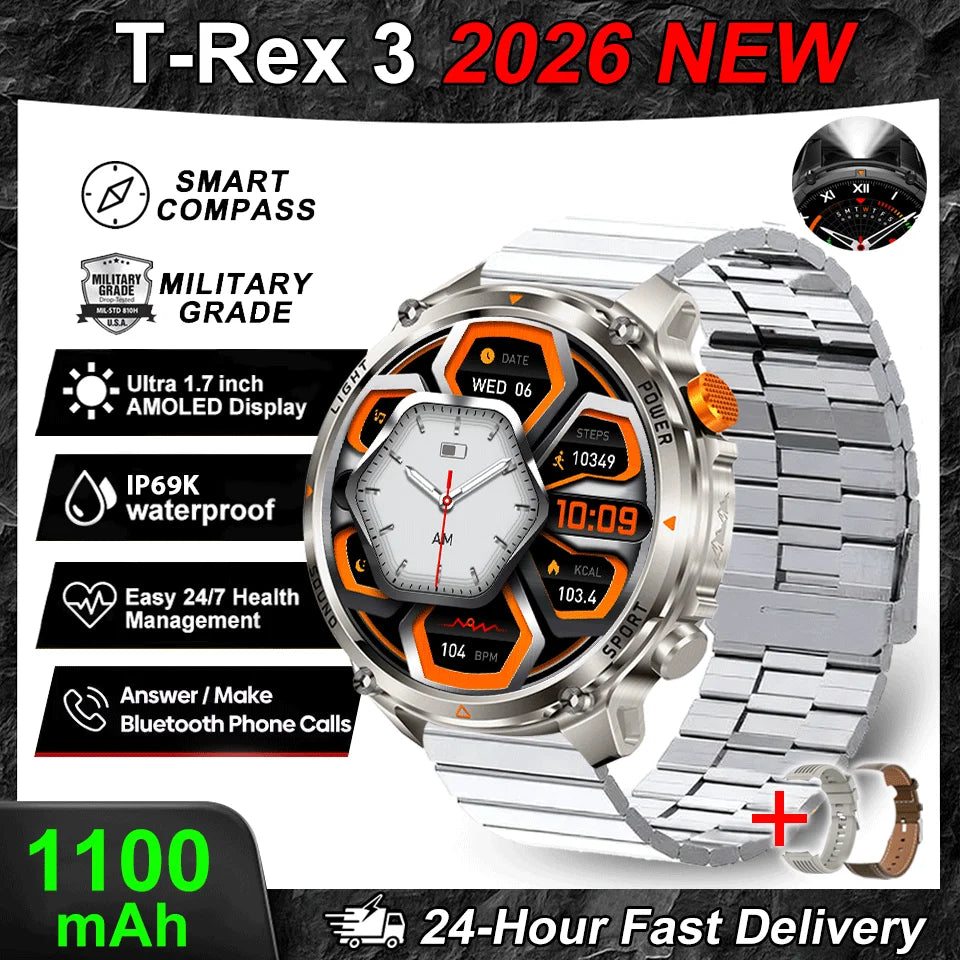 2026 New T-Rex3 Pro GPS Tracker 1100mAh Smartwatch Men 120-Day Standby Clock Rugged Outdoor Sport 10ATM Waterproof Call Watches