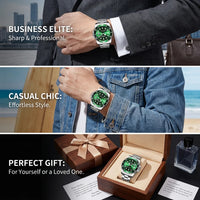 1pcs Men Watch Green Dial Stainless Steel Strap Date Window Casual Sports Style Trendy Daily Wristwatch Stylish Comforta