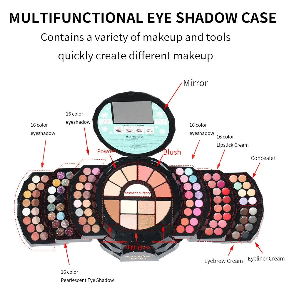 MISS ROSE 108 Color Pearl Eye Shadow Cosmetic Lipstick Box Matte Powder Blusher Shimmer Eye Shadow Plate Set Valentine's Day Gif