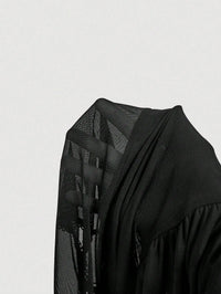 Black Vintage-Inspired Midi Dress With Sheer Mesh Cap Sleeves And Cinched Waist For Summer Beach Or Tea Party Events