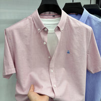 Summer Short Sleeve Shirt Men's Slim Fit Half Sleeve Non-ironing Oxford Spinning Gray-Blue Plaid Business Casual Shirt