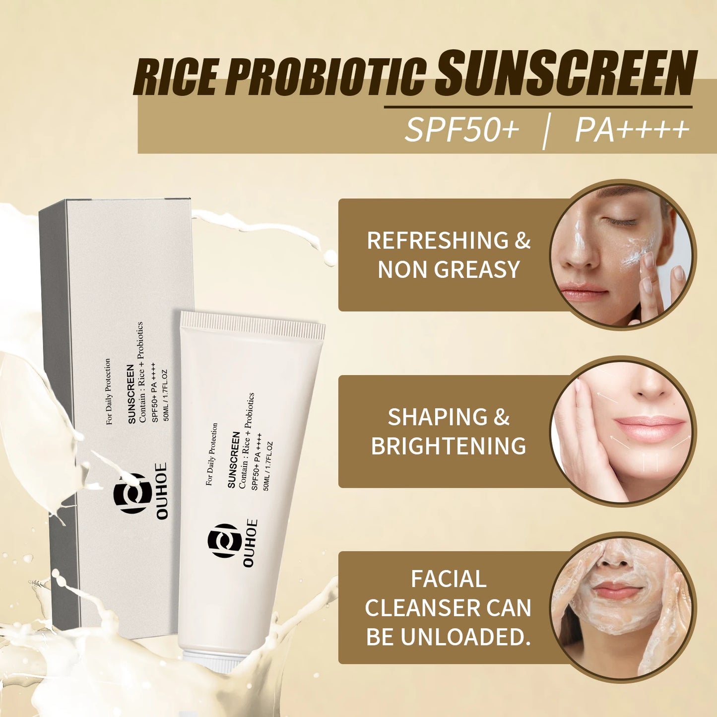 50ML Spf 50 Rice Sunscreen Cream Outdoor UV Protection Moisturizing Soothing Redness Sweatproof Prevent Sunburn Sunblock Lotion