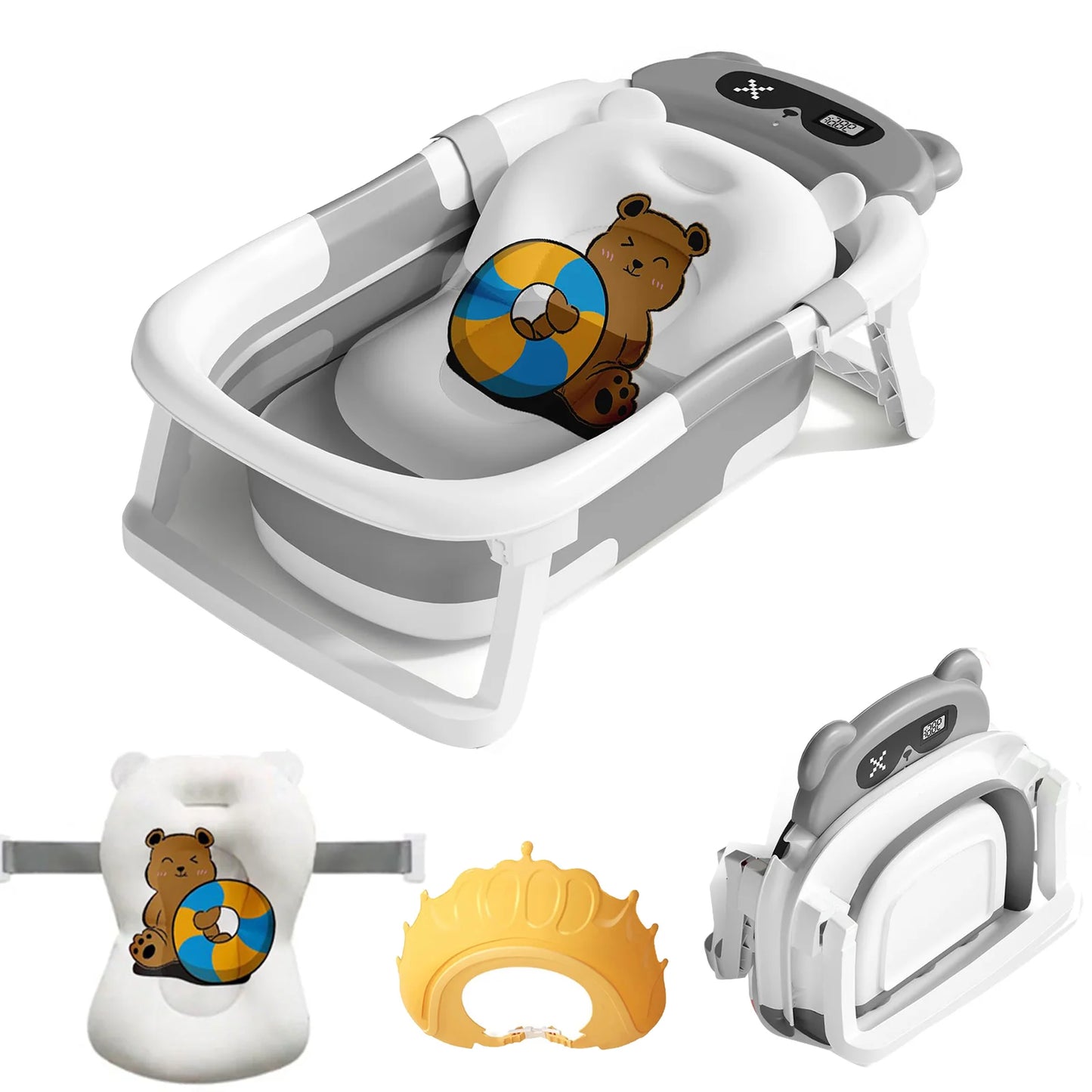 Baby Bath Tub with Bath Cushion Foldable Bathtub with Thermometer Shower Cap Shower Brush for Newborn and Toddler 0-36 Months