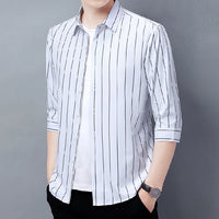2026 Men's Striped Shirt Korean Style Slim Fit Seven Quarter Sleeve Top for Spring Summer Casual Wear Fashionable Youth Trendy