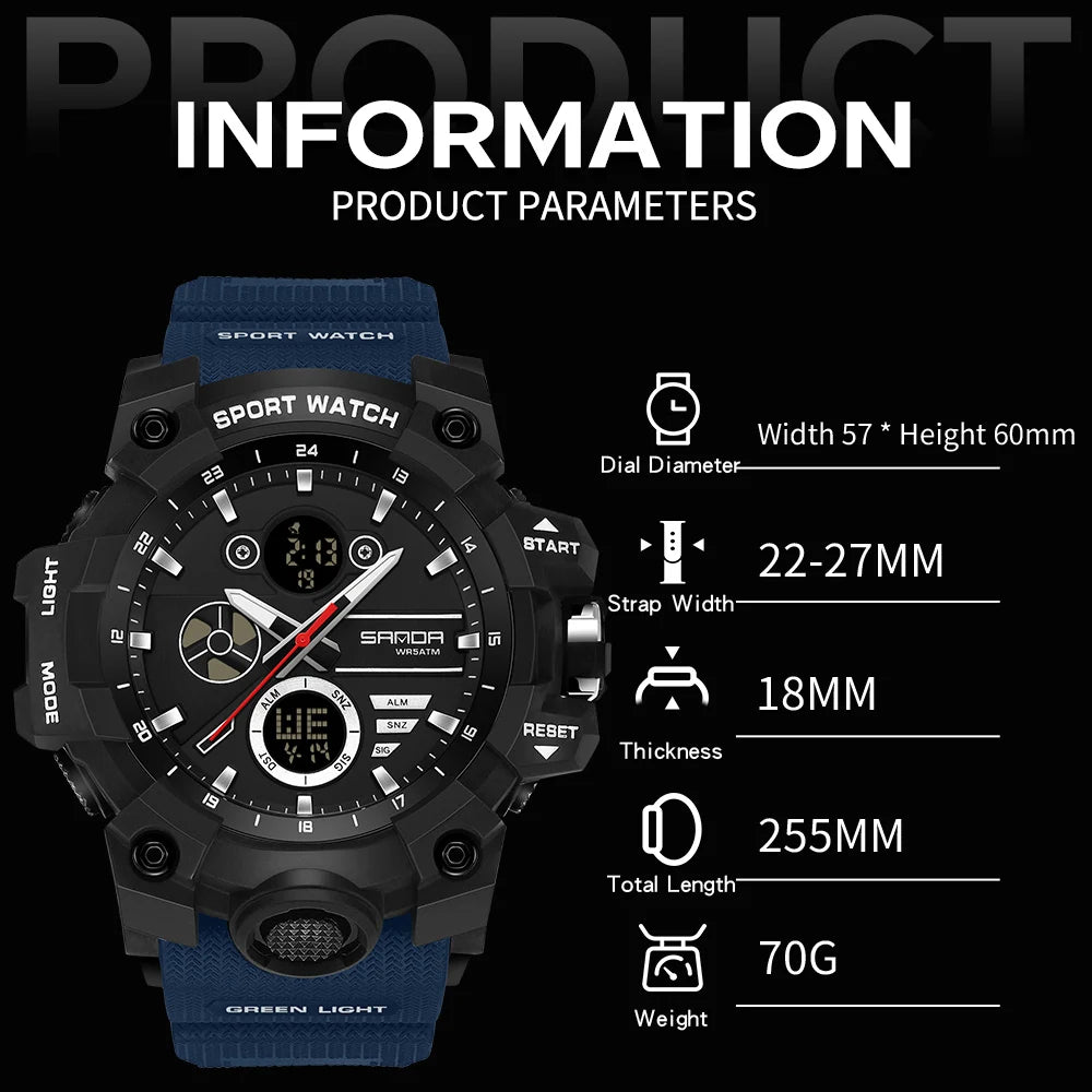 SANDA Men's Outdoor Military Watch 50M Waterproof Digital Wristwatch Stopwatch Alarm LED Light Sport Wristwatch
