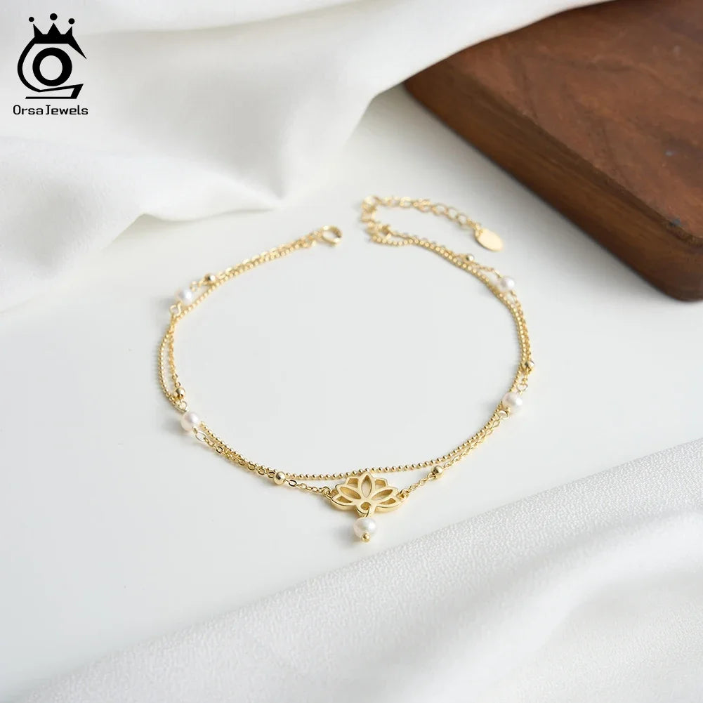 ORSA JEWELS Vintage 925 Sterling Silver Layered Anklet Chain with Tree of Life Freshwater Pearls Summer Daily Jewelry Gift SA100