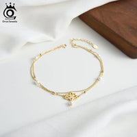 ORSA JEWELS Vintage 925 Sterling Silver Layered Anklet Chain with Tree of Life Freshwater Pearls Summer Daily Jewelry Gift SA100