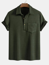 Summer Cool Men's Casual Solid Color Textured Short Sleeve Turn Down Button Up pocket Polo Shirt