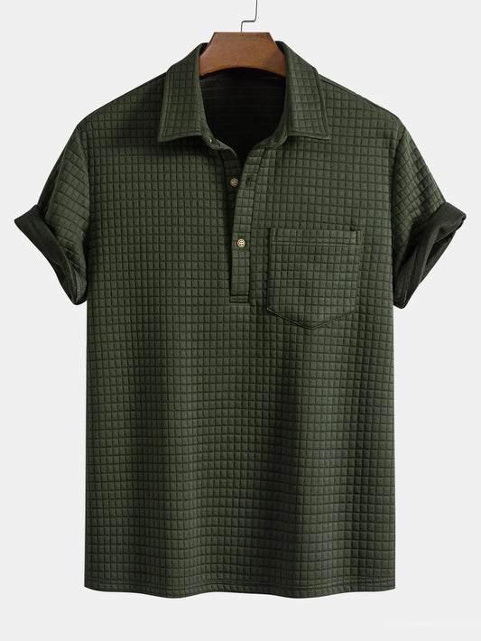 Summer Cool Men's Casual Solid Color Textured Short Sleeve Turn Down Button Up pocket Polo Shirt