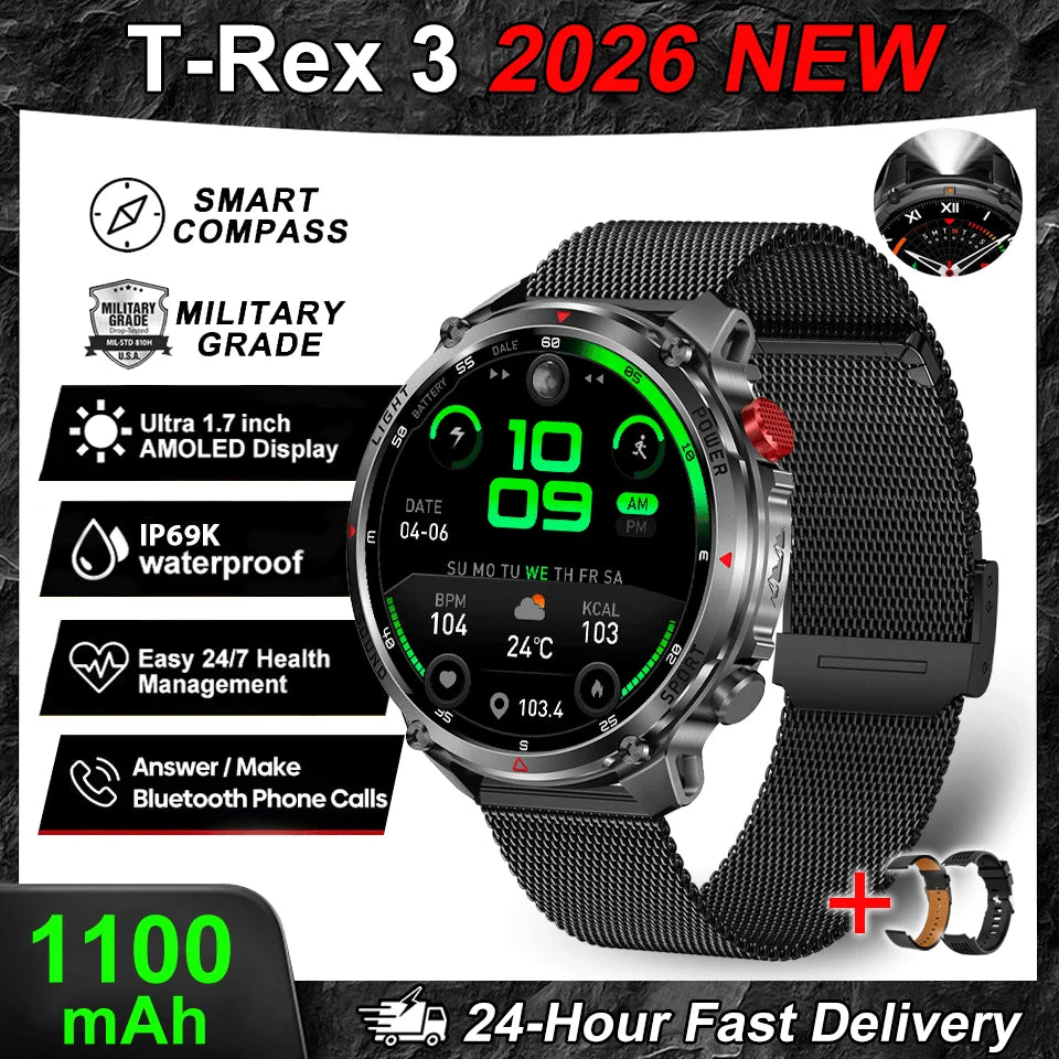 2026 New T-Rex3 Pro GPS Tracker 1100mAh Smartwatch Men 120-Day Standby Clock Rugged Outdoor Sport 10ATM Waterproof Call Watches