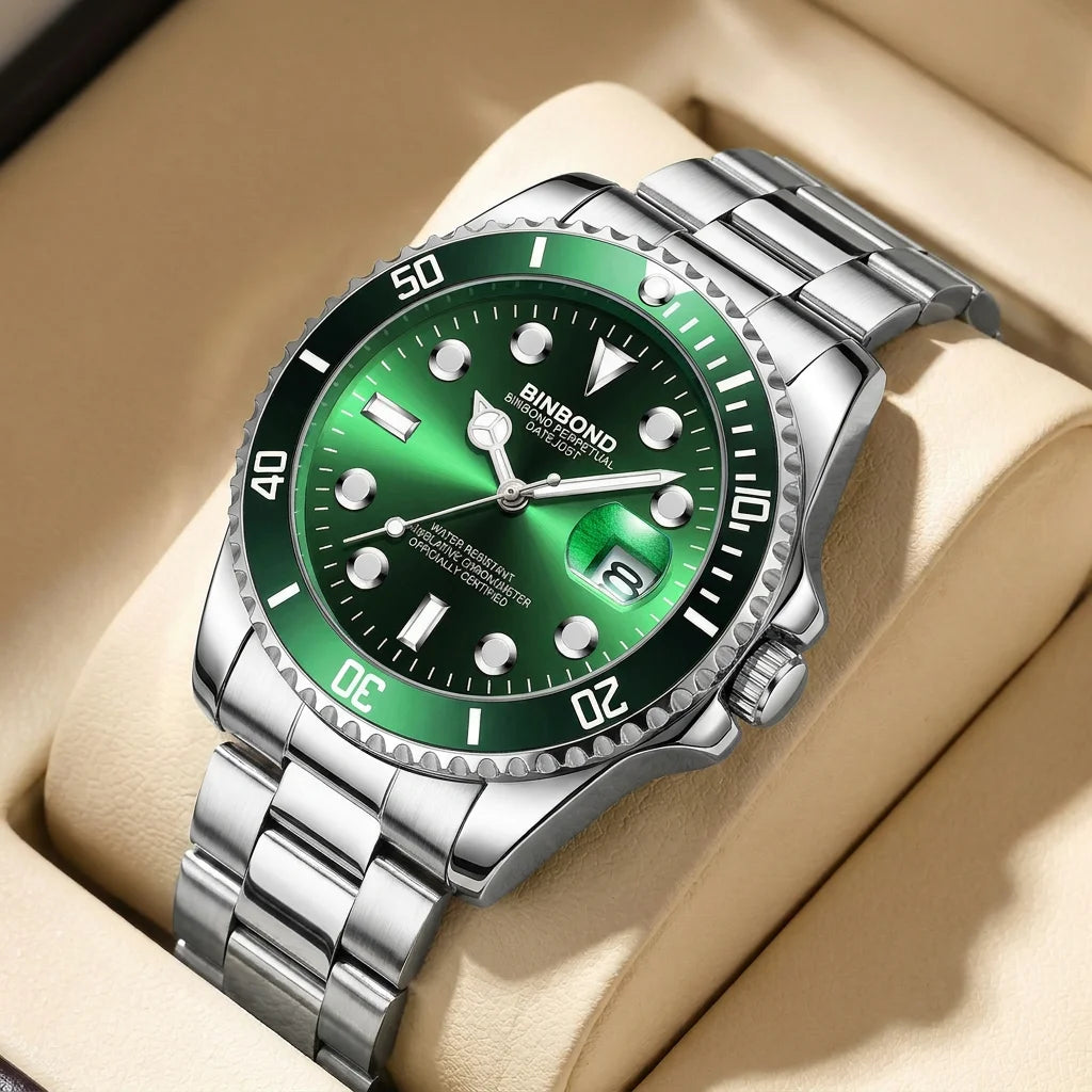 1pcs Men Watch Green Dial Stainless Steel Strap Date Window Casual Sports Style Trendy Daily Wristwatch Stylish Comforta