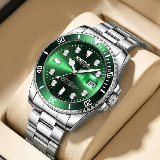 1pcs Men Watch Green Dial Stainless Steel Strap Date Window Casual Sports Style Trendy Daily Wristwatch Stylish Comforta