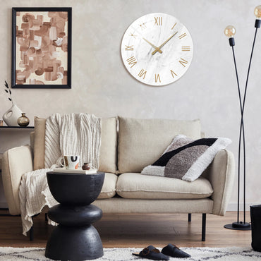 1pc 12 inch tempered glass wall clock, modern simple white marble texture gold Roman numerals design wall clock, home mute clock