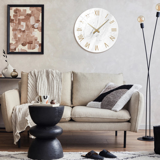 1pc 12 inch tempered glass wall clock, modern simple white marble texture gold Roman numerals design wall clock, home mute clock