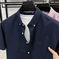 Summer Short Sleeve Shirt Men's Slim Fit Half Sleeve Non-ironing Oxford Spinning Gray-Blue Plaid Business Casual Shirt