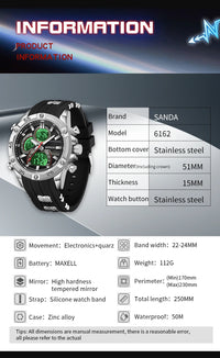 SANDA New 6162 Fashionable Men's Electronic Watch Sports Fashion Multifunctional Waterproof LED Men's Electronic Watch 2025