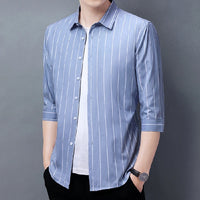2026 Men's Striped Shirt Korean Style Slim Fit Seven Quarter Sleeve Top for Spring Summer Casual Wear Fashionable Youth Trendy
