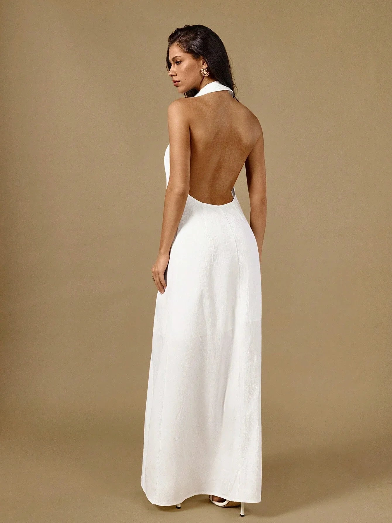 White Halter Neck Sleeveless Front Button Maxi Shirtdress Backless Casual Dress