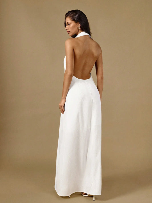 White Halter Neck Sleeveless Front Button Maxi Shirtdress Backless Casual Dress
