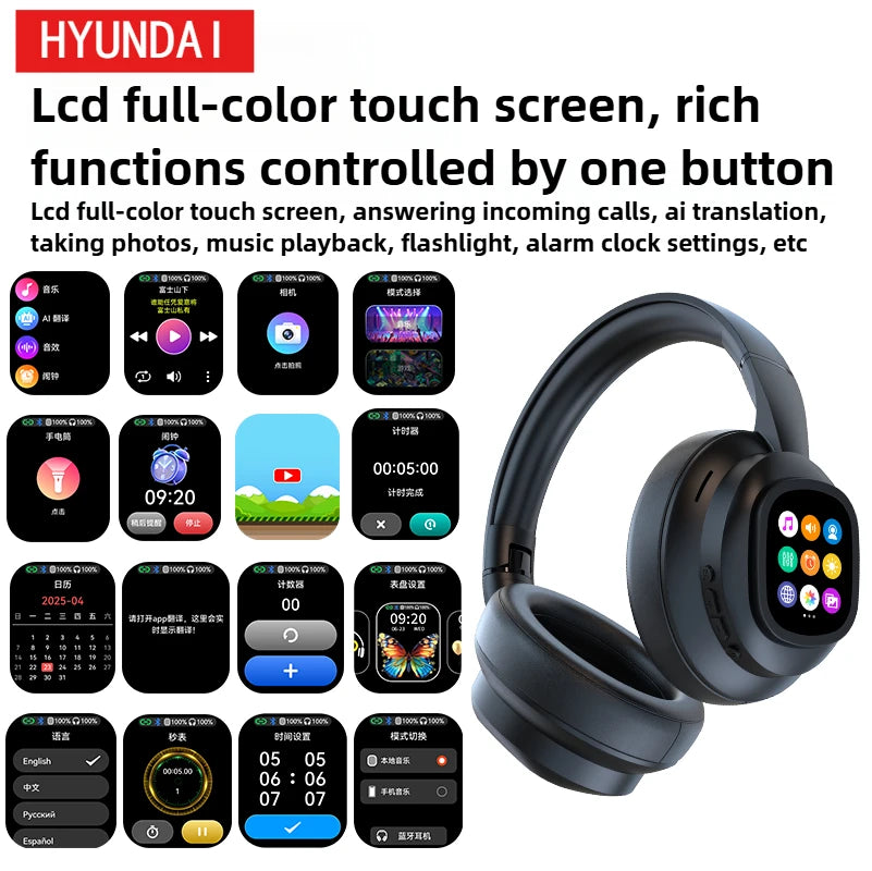 HYUNDAI X1PRO Bluetooth 6.0 Headphone,With Magnetic Touch Control LED Screen,AI Wireless Translation Earphones,100+ Languages