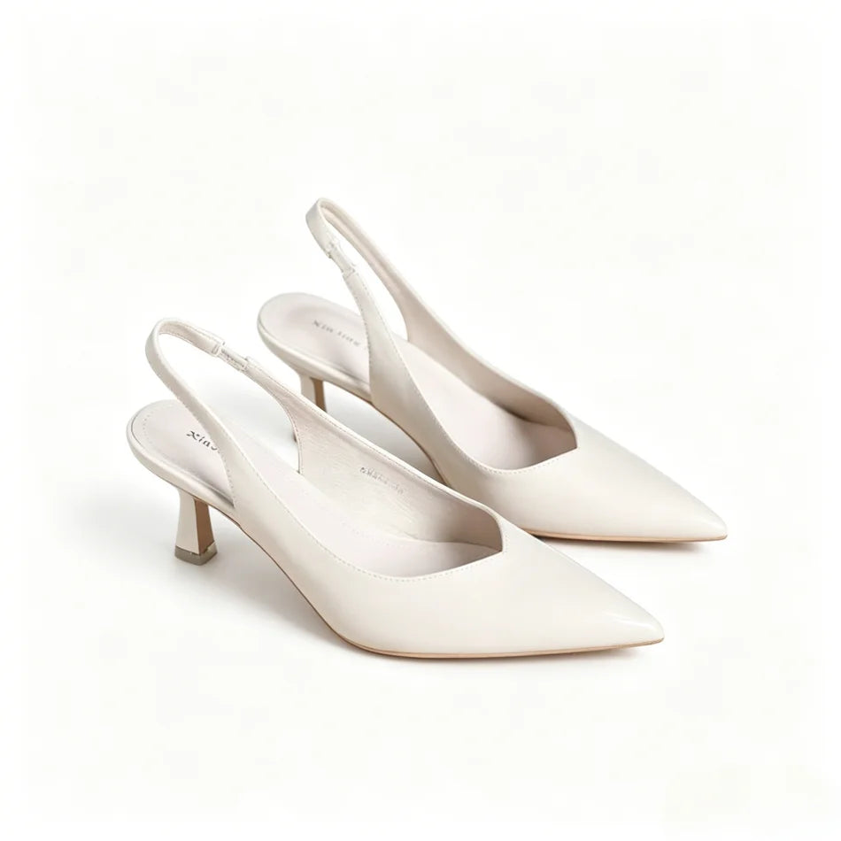 Women's White Slingback Heels, Pointed Toe Stiletto Pumps, Elegant Closed Toe Sandals for Party Wedding