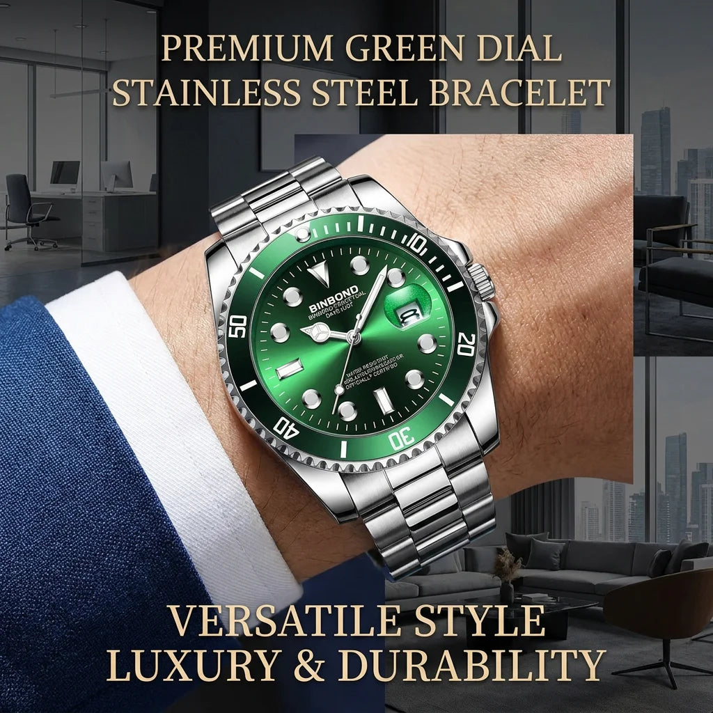 1pcs Men Watch Green Dial Stainless Steel Strap Date Window Casual Sports Style Trendy Daily Wristwatch Stylish Comforta