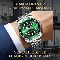 1pcs Men Watch Green Dial Stainless Steel Strap Date Window Casual Sports Style Trendy Daily Wristwatch Stylish Comforta