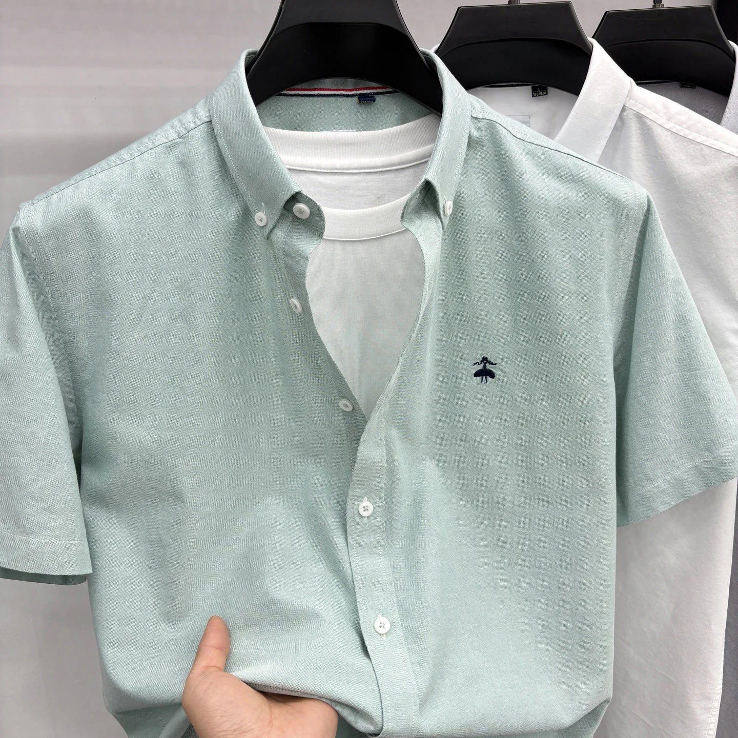 Summer Short Sleeve Shirt Men's Slim Fit Half Sleeve Non-ironing Oxford Spinning Gray-Blue Plaid Business Casual Shirt