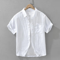 100% Linen Short Sleeve Shirt for Men Breathable Summer Casual Top Minimalist Loose Fit Button-Up Shirt  Natural Wrinkle Texture