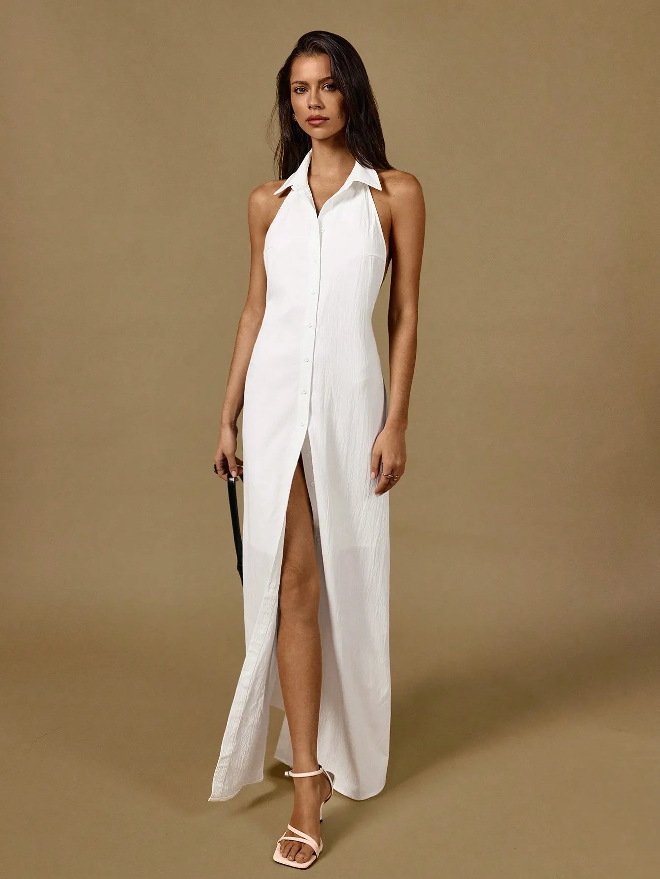 White Halter Neck Sleeveless Front Button Maxi Shirtdress Backless Cas –