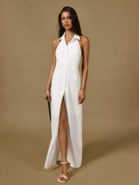 White Halter Neck Sleeveless Front Button Maxi Shirtdress Backless Casual Dress