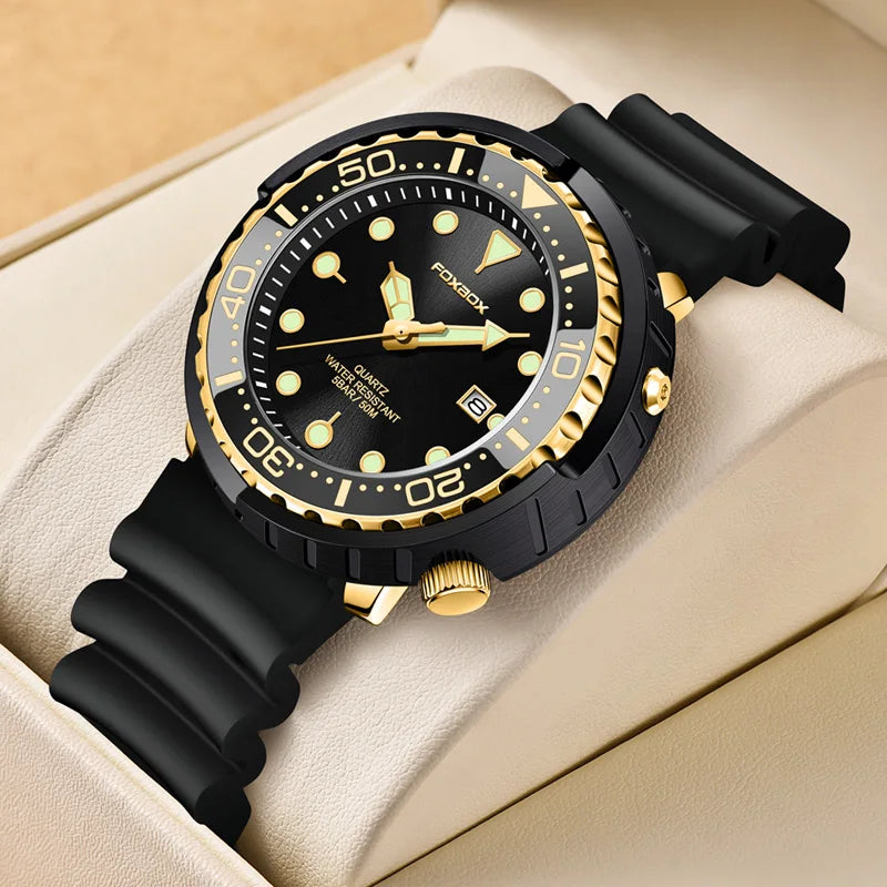 FOXBOX Mens Watches 5ATM Sports Waterproof Quartz Wristwatch Luminous Clock with Steel Bezel Watch for Men Male Clock+Watch Box